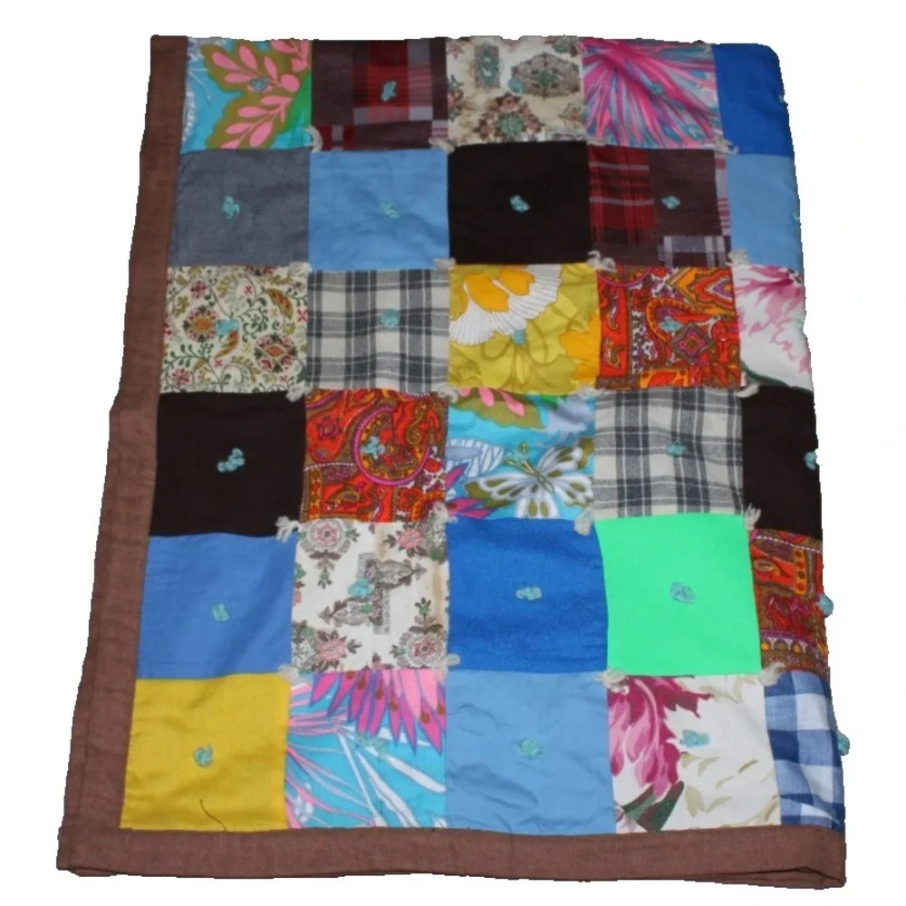 colorful vintage 1970s polyester patchwork quilt yarn ties 44